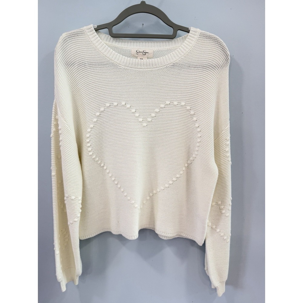 Jessica Simpson Cream Knit Heart Detail Crewneck Sweater Women's M Minimalist
